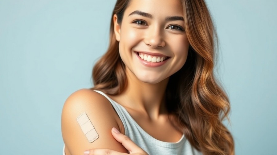 Cheerful young woman post-meningococcal disease vaccination, band-aid on arm.