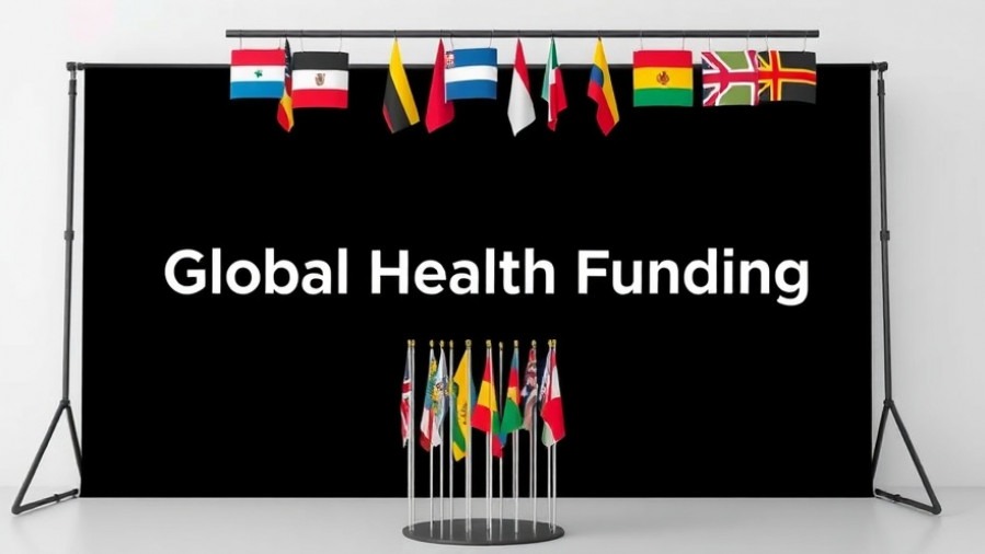 Bold 'Global Health Funding' on black, flags representing multilateral health initiatives.
