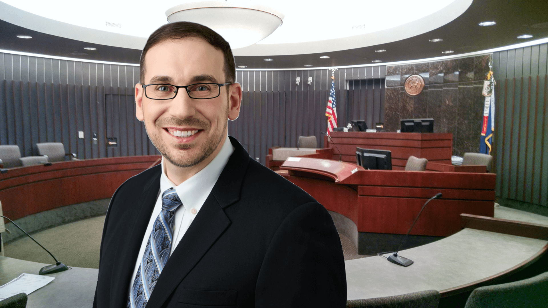 Anthony J Bordoley smiling, photorealistic courtroom scene, 4k resolution, ambient interior lighting, shot with a 85mm lens