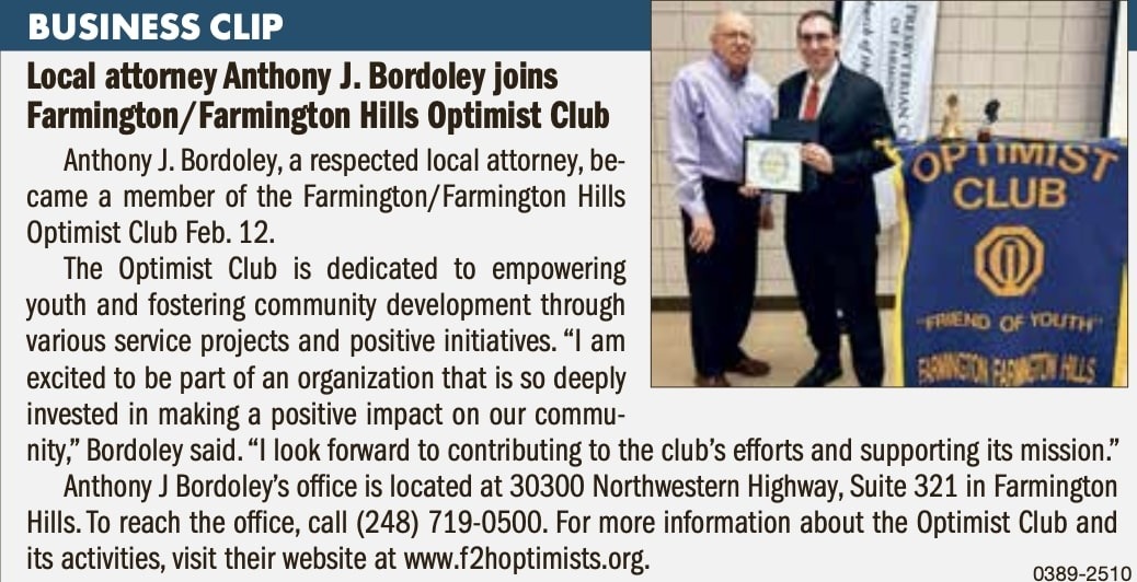 News article for Anthony J. Bordoley announcing he joined the Farmington Hills Optimist Club