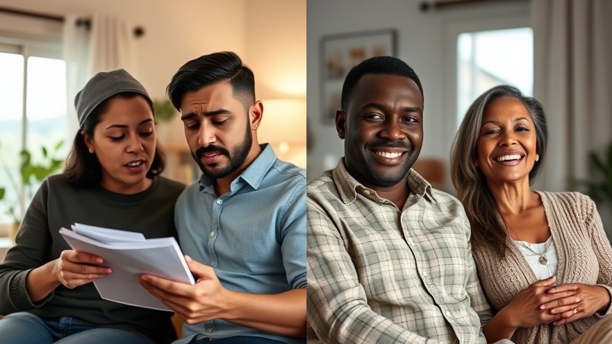Contrast of stressed Hispanic couple calculating bills vs. joyful Black couple enjoying peace from whole life insurance.