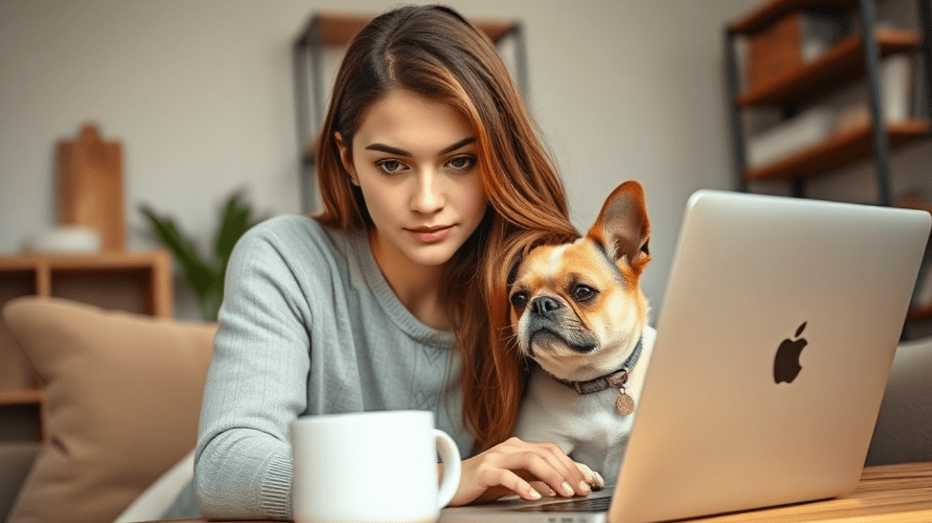 woman on her computer with her dog
