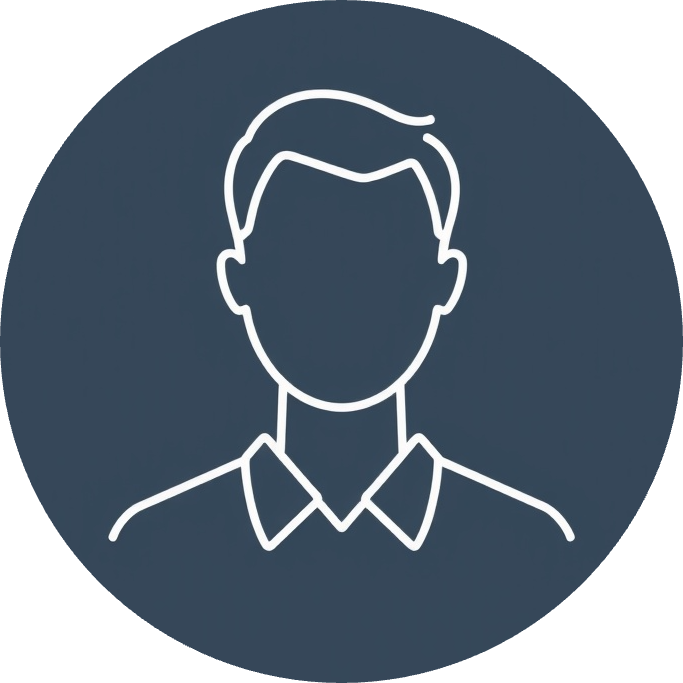 Faceless male reviewer icon with white outline on medium background