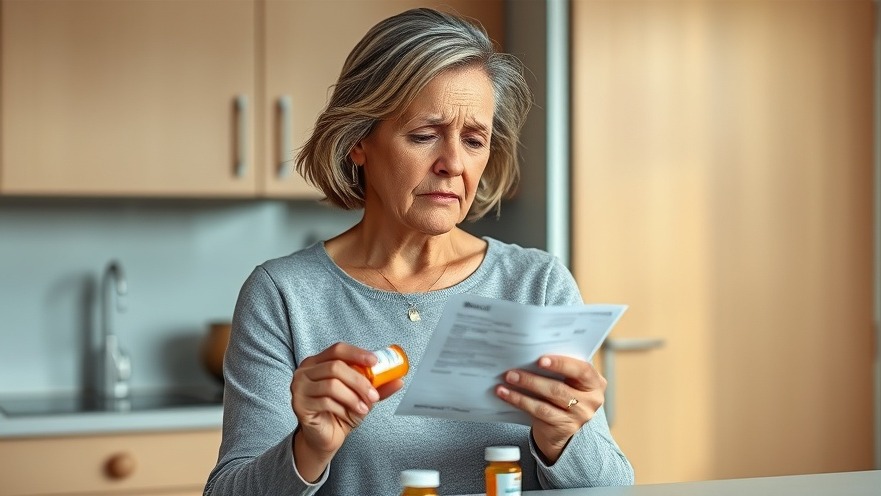 Middle-aged woman examining prescription bottle, reflecting on healthcare costs.