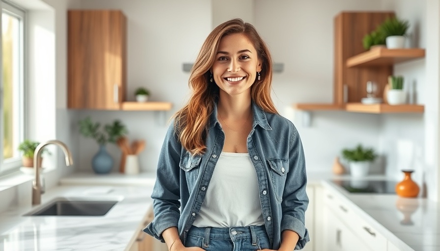 Confident woman in kitchen promoting sustainable weight loss.