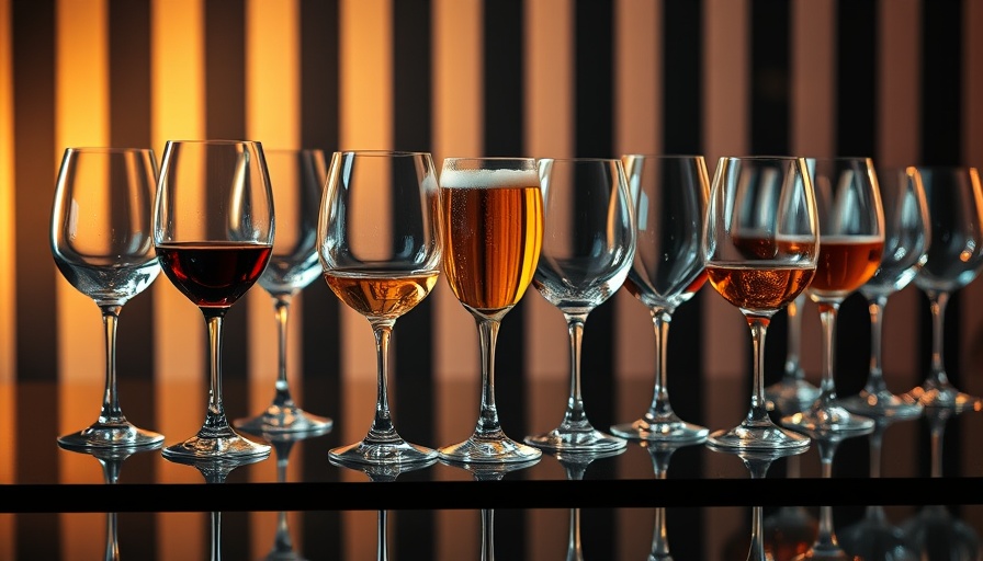 Elegant glasses with drinks on reflective surface, warm lighting.