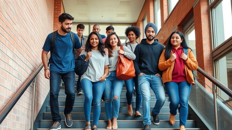 Friends walking out together from their urban high school setting.