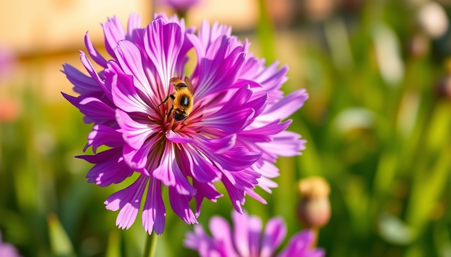 Bee on vibrant purple allium flowers in summer garden