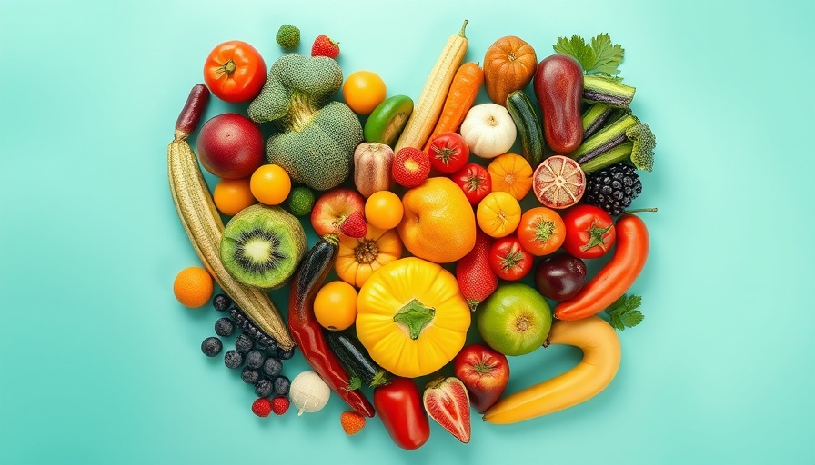 Colorful heart-shaped fruit and vegetable assortment for a rheumatoid arthritis diet.