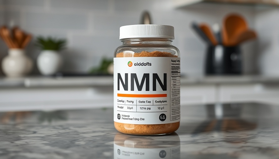 NMN supplement benefits: close-up of NMN powder jar in kitchen.
