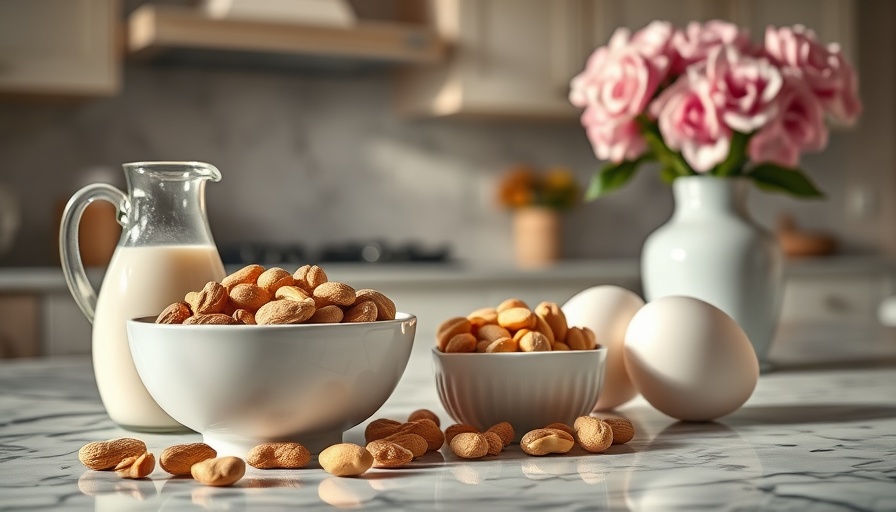 Common food allergens with milk, peanuts, and eggs on kitchen countertop.