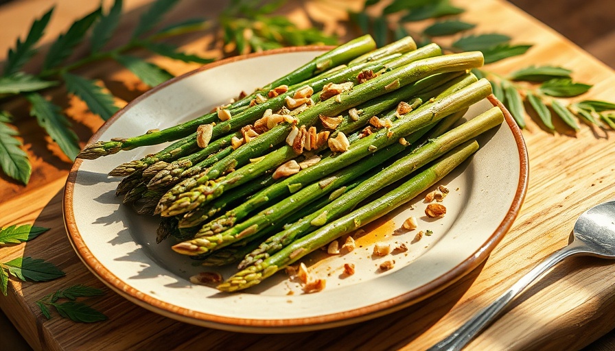 Fresh asparagus health advice illustrated with herbs and sunlight.