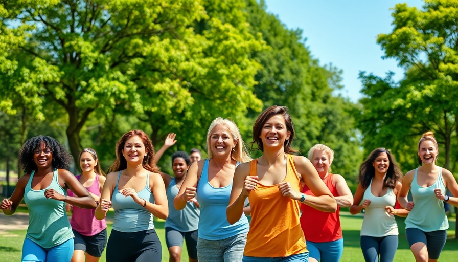 Energetic group doing an outdoor walking workout in a sunny park