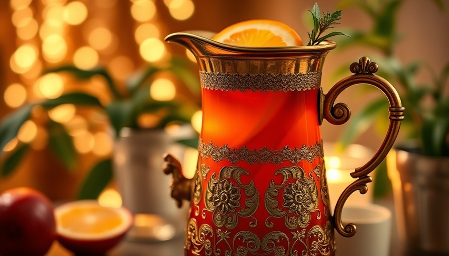Vibrant drink in ornate brass pitcher among fairy lights - health tips for foraging recipes.