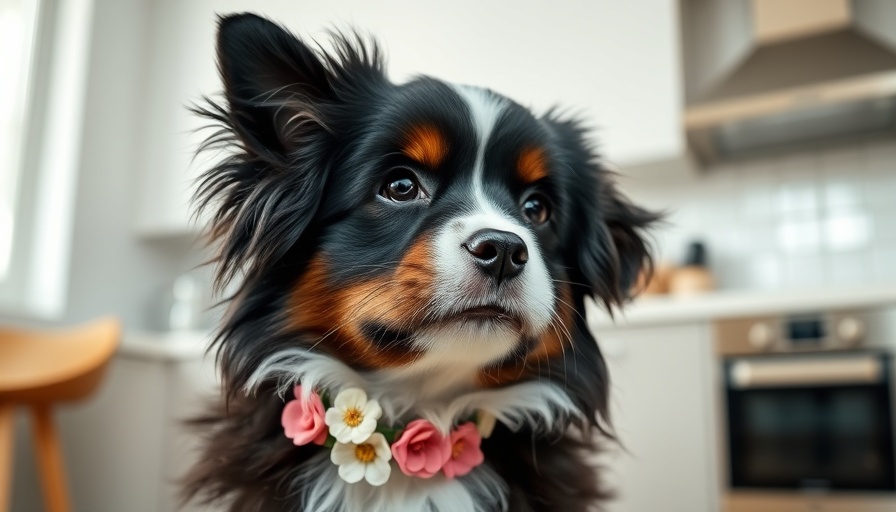 Fluffy dog with flower collar in a kitchen, attentively gazing.
