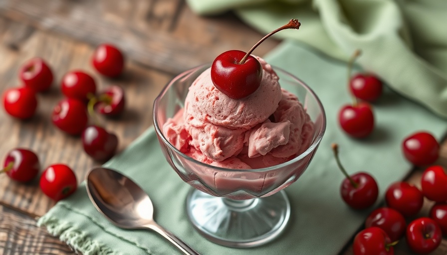 No-Churn Cherry and Star Anise Cottage Cheese Ice Cream in a glass dish on a rustic table.