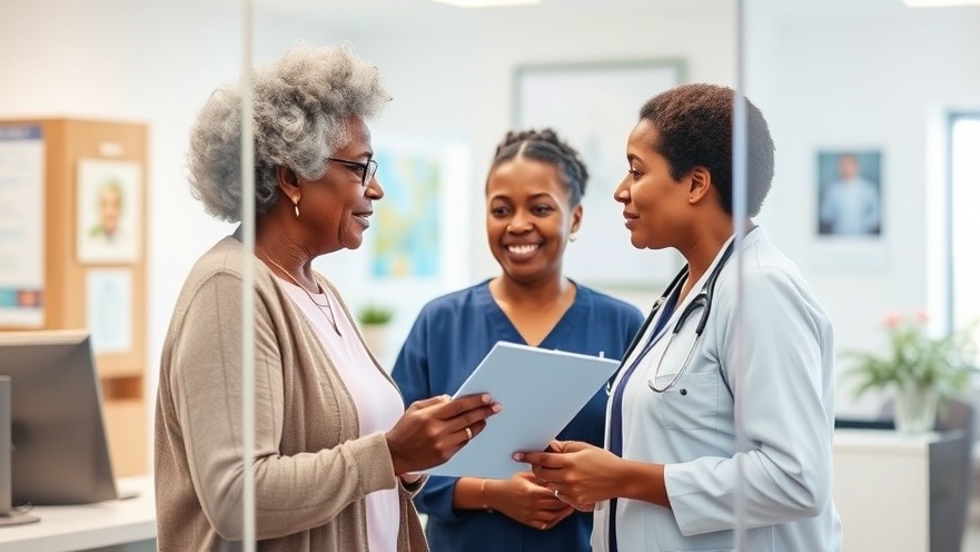 Elderly black woman and daughter showing Medicare card at medical office window.