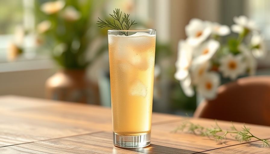 Elegant fennel honey soda in a tall glass with fennel garnish, sunlight.