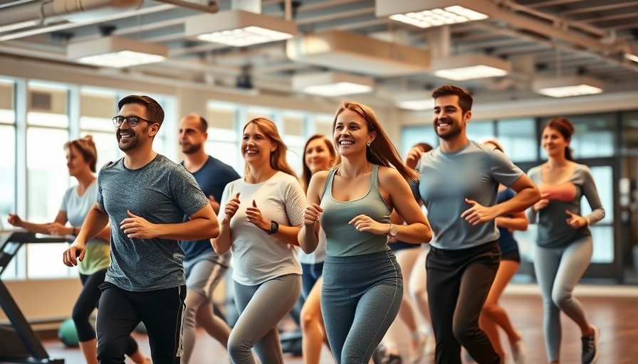 Energetic group speed walking workout indoors, modern gym setting.