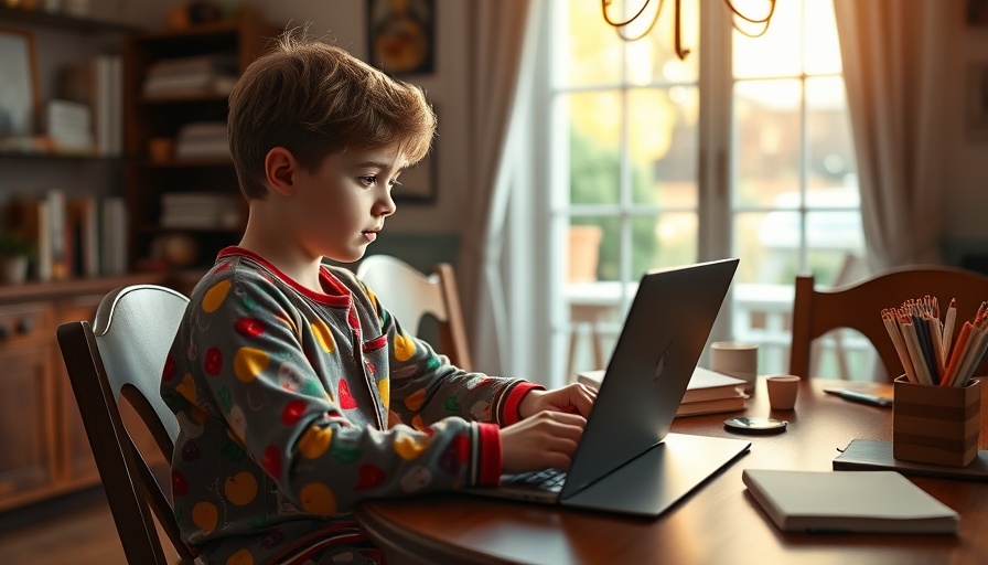 Young student using laptop for homeschool curriculum for 4th grade in cozy dining room.