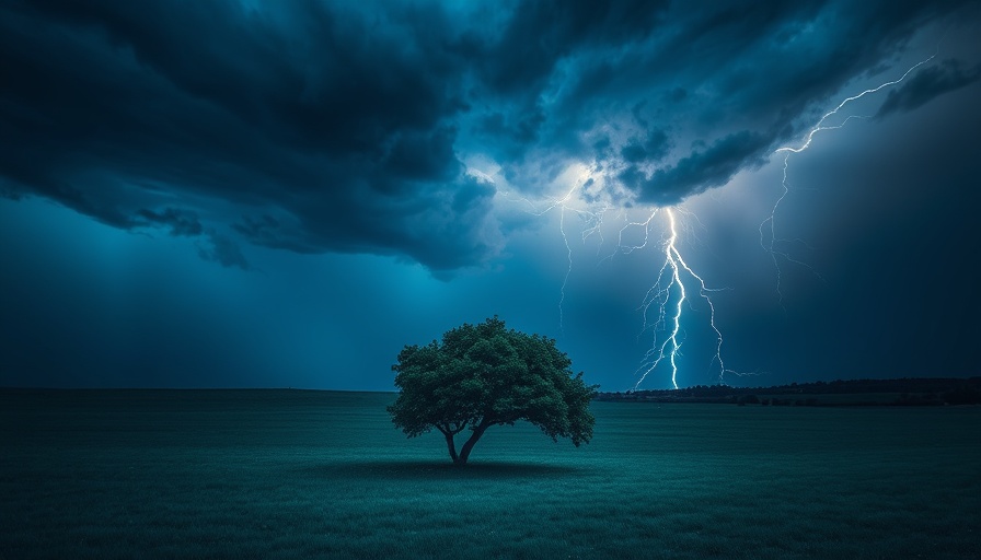 Dramatic stormy landscape with a solitary tree and lightning.