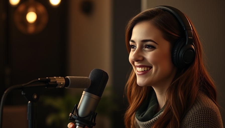 Smiling woman recording podcast, asking 'Do you believe in angels?'