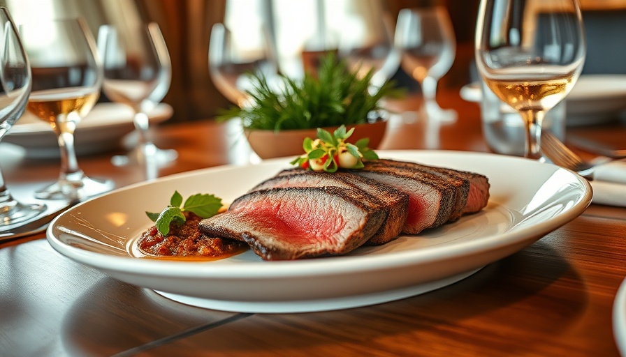 Gourmet beef elegantly plated in luxury dining setting.