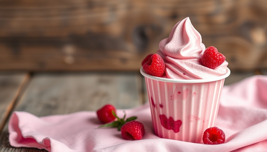 Rose ginger raspberry ripple frozen yogurt elegantly presented on a rustic table.