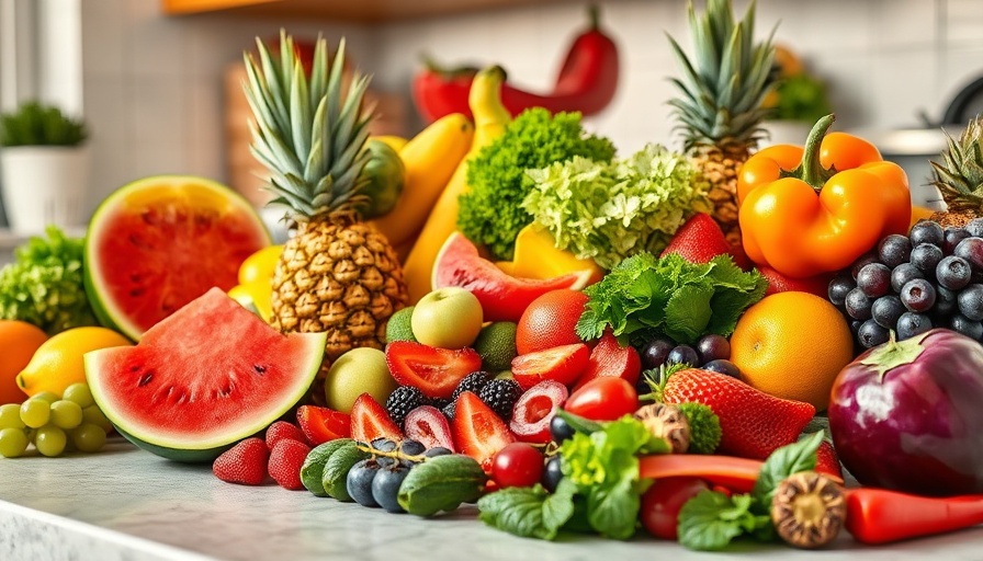 Colorful meal prep for kids with fruits and vegetables on counter.