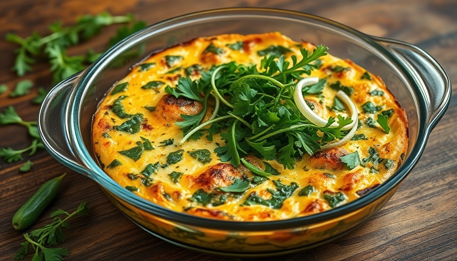 Pesto Salmon Frittata with fresh arugula on wooden board.