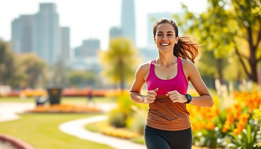 Confident woman jogging outdoors for weight loss, vibrant park scene.