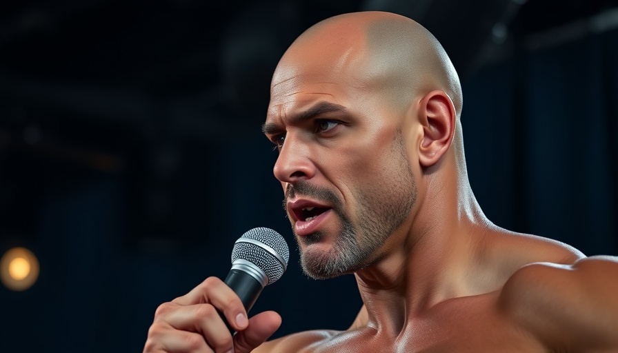 Muscular man discussing plastic surgery in studio, cinematic shot.