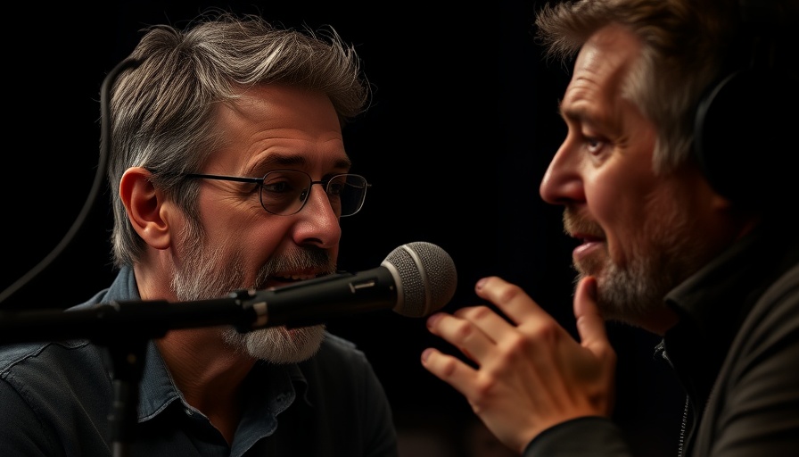 Mature man podcasting, discussing Truth About MAHA, cinematic photo.