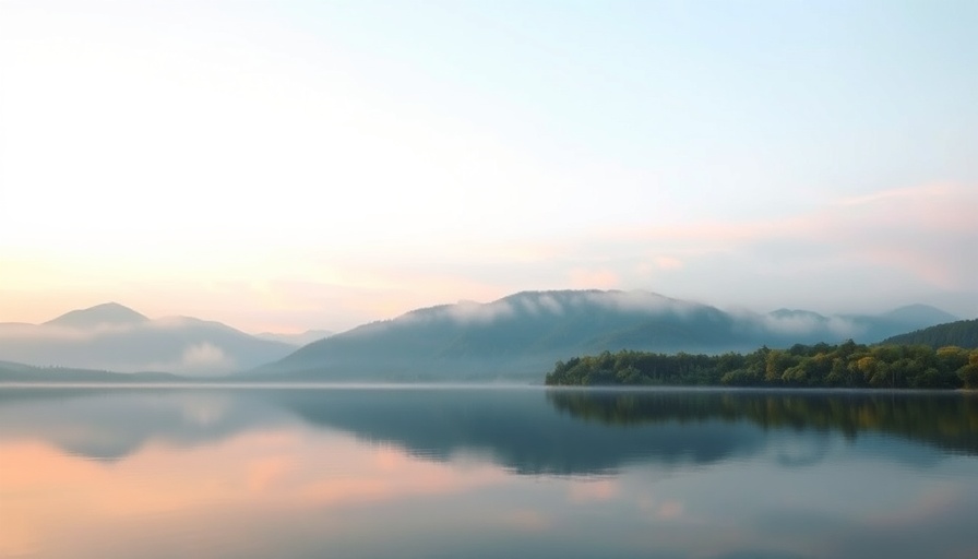 Serene lake at sunrise reflecting trees. Health equity in Inland Southern California.