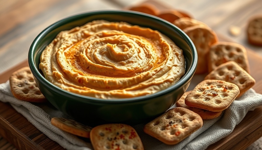 Healthy hummus with crackers on wooden board; health advice.