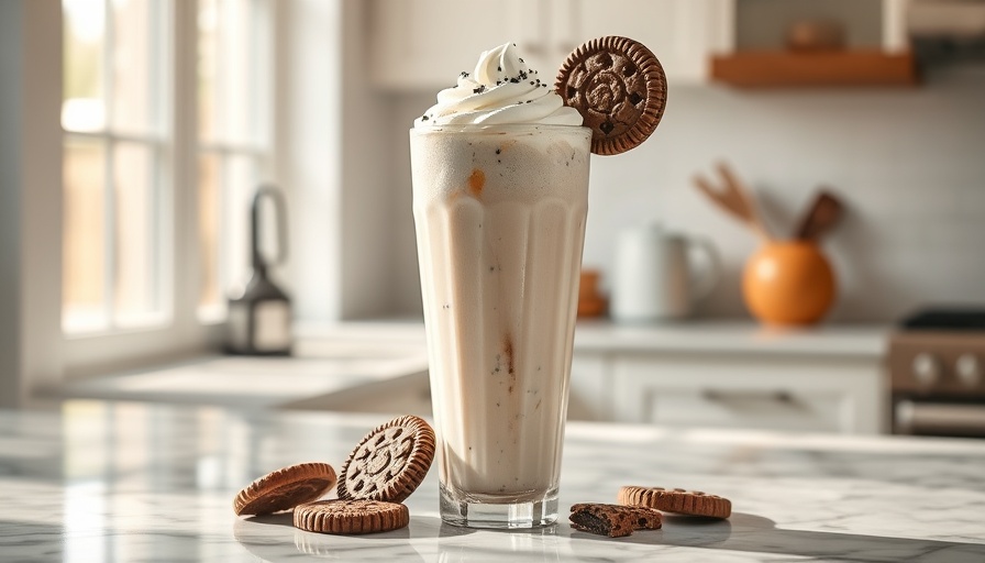Cookies and cream protein shake in a sunny kitchen setting.