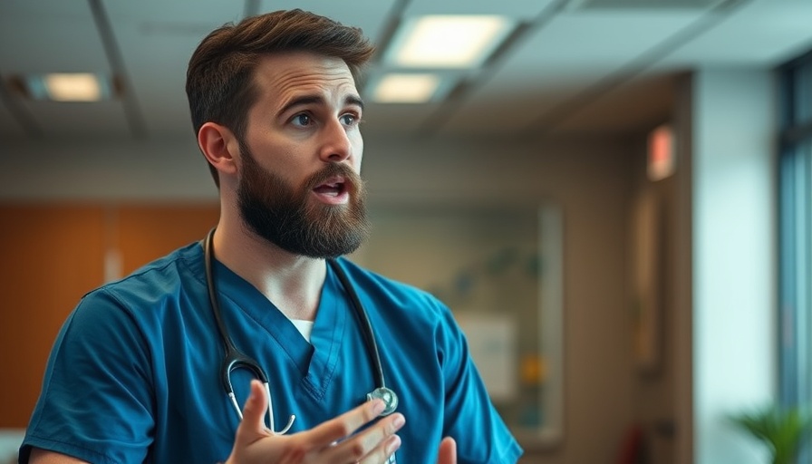 Young man in blue medical scrubs discussing a topic with interest, indoor environment.