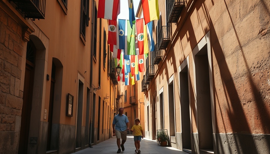 Charming alley with flags and family, exploring travel without jet lag
