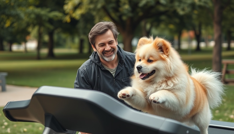 Amused man watching dog on treadmill in park - weird dog products.