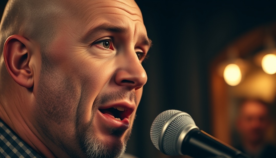 Close-up of a bald man speaking, highlighting body positivity and mental health.