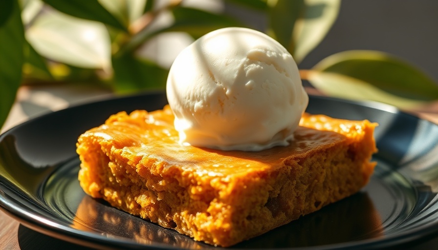 Gooey spiced squash blondies with vanilla ice cream on black plate.