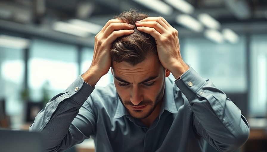 Stressed man holding head, sign of low NAD+ levels, office.
