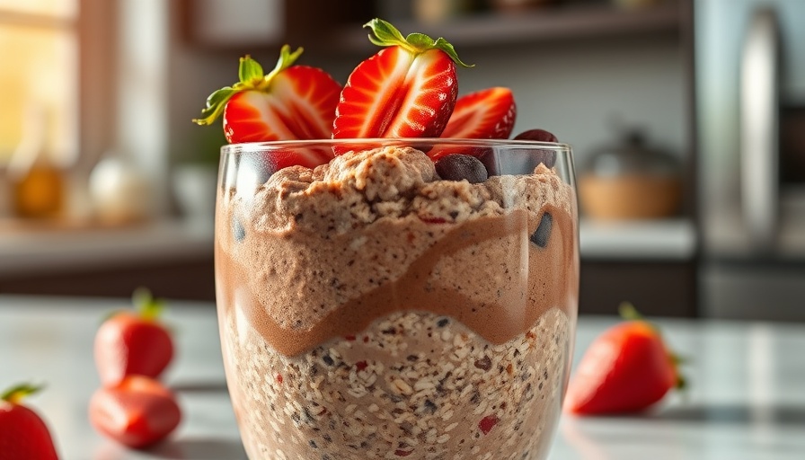 Chocolate strawberry protein overnight oats topped with strawberries in a glass.