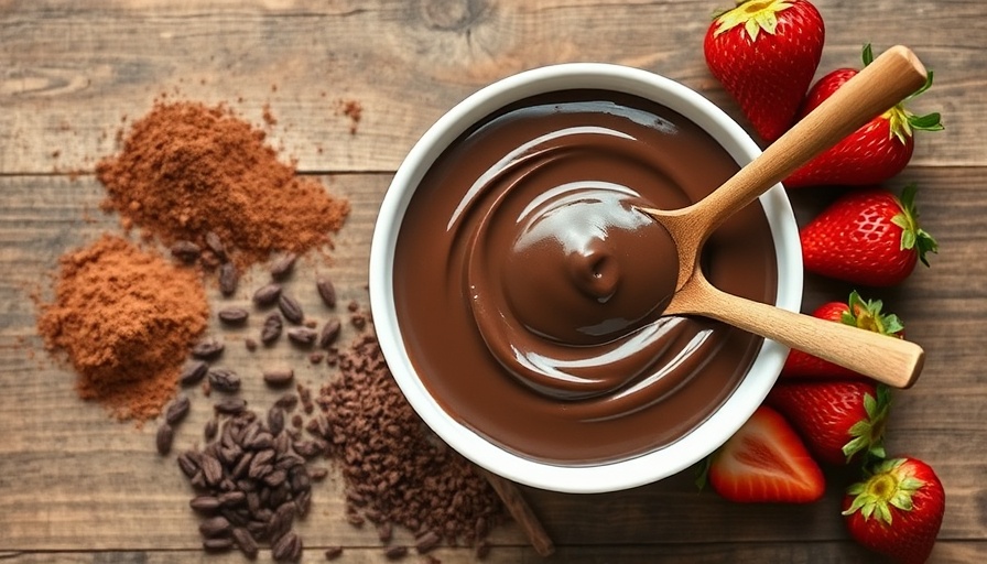 Delicious chocolate protein pudding with ingredients on wooden table.