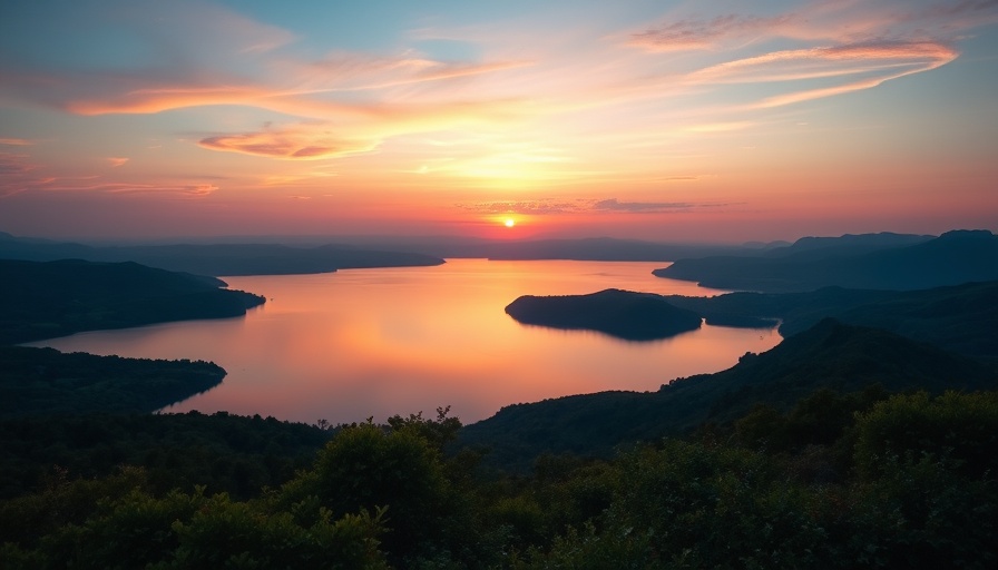 Serene sunset view reflecting on a lake, capturing nature's tranquility.