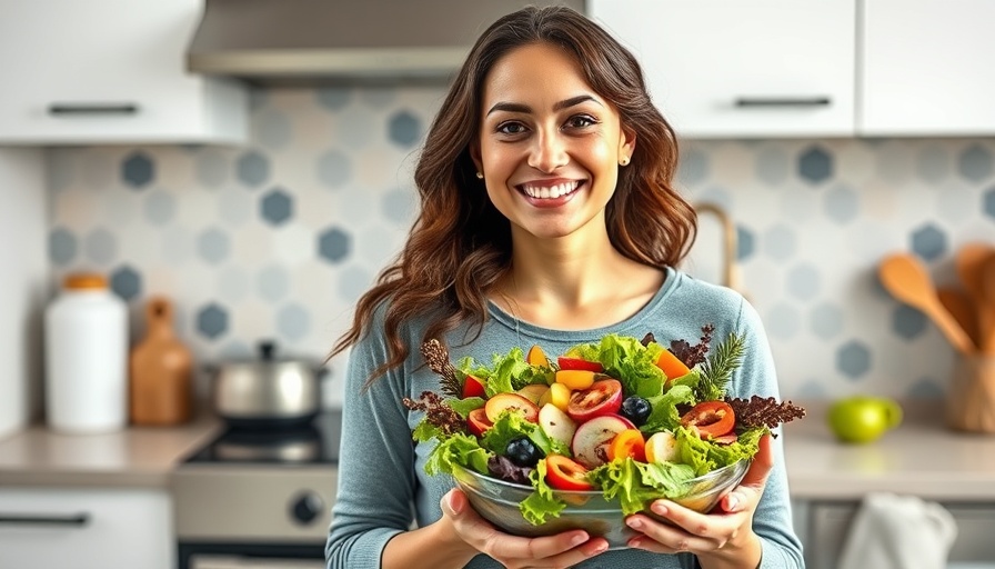 Smiling woman with gluten free meal prep in stylish kitchen.
