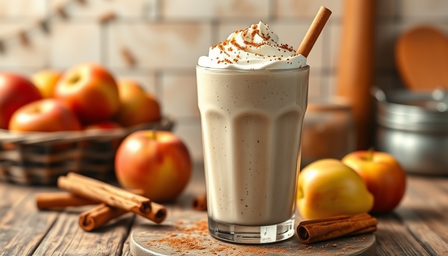 Apple pie protein smoothie recipe with whipped cream and apple slice.