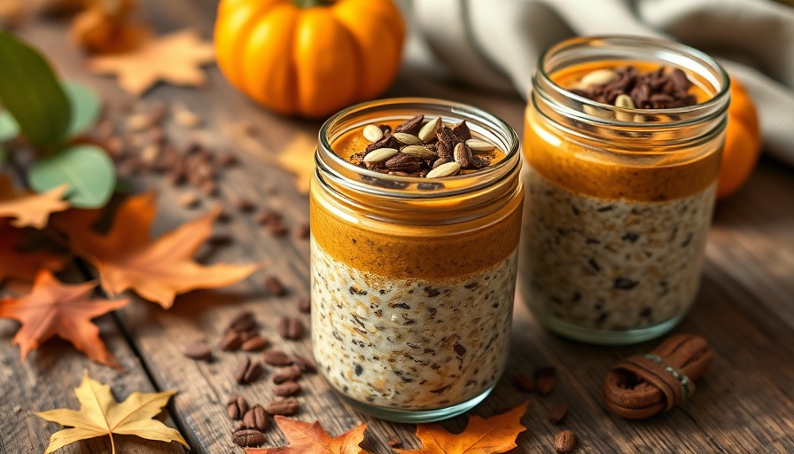 Protein Chai Pumpkin Overnight Oats in glass jars on wooden table.