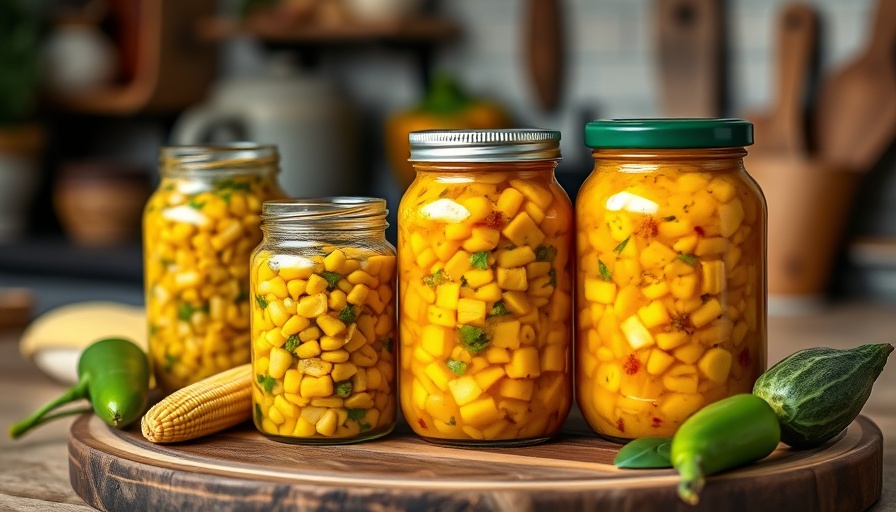 Colorful corn and pepper relish jars on wooden board with corn.