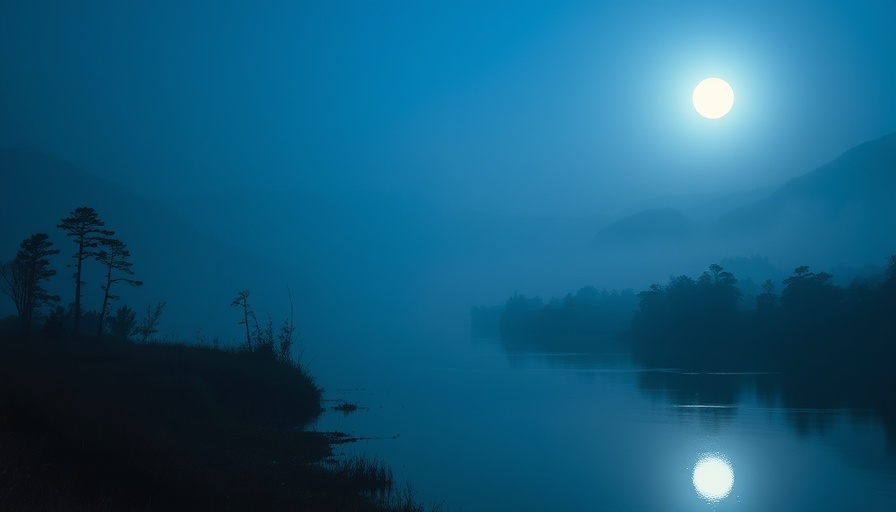 Calm river under moonlit sky with misty hills and trees.